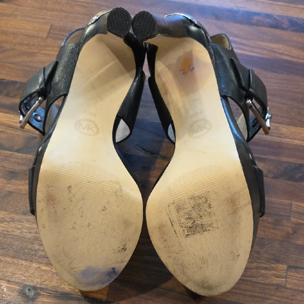 Michael Kors Black Leather Ankle Strap Heeled Sandals - Picture 9 of 11